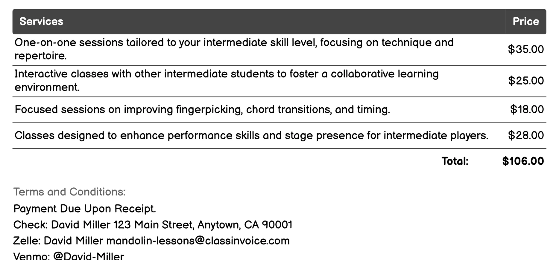 Intermediate Mandolin Lessons Invoice Example