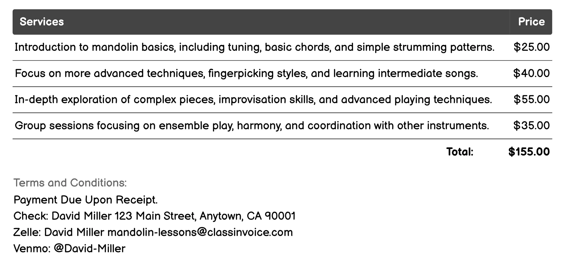 Online Mandolin Lessons Invoice Example