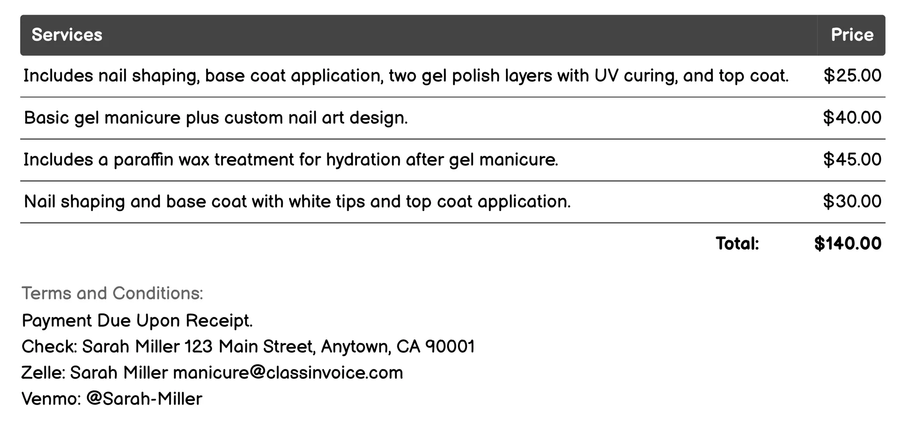 Gel Manicure Invoice Example