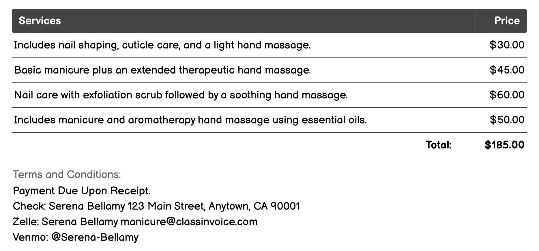 Therapeutic Hand Massage Invoice Example