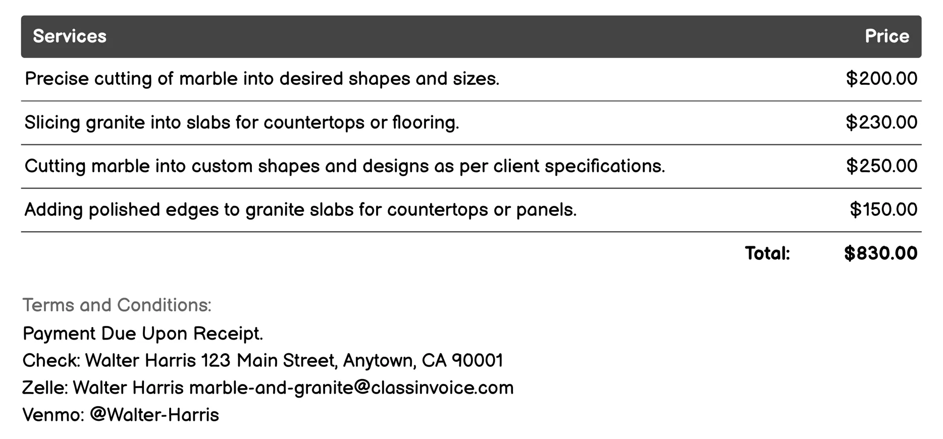 Cutting and Slabbing Invoice Example