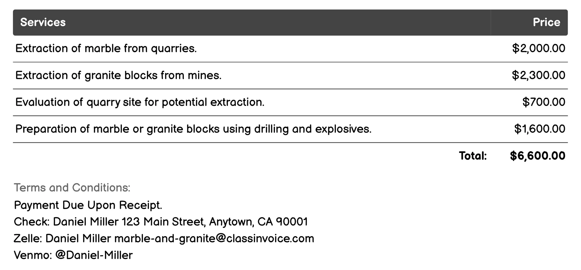 Quarrying Invoice Example