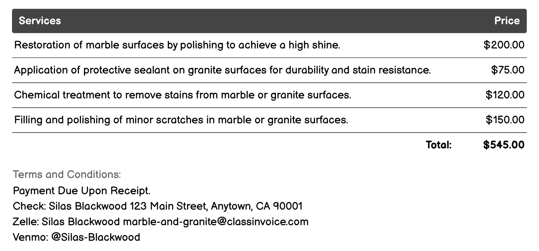 Restoration Invoice Example