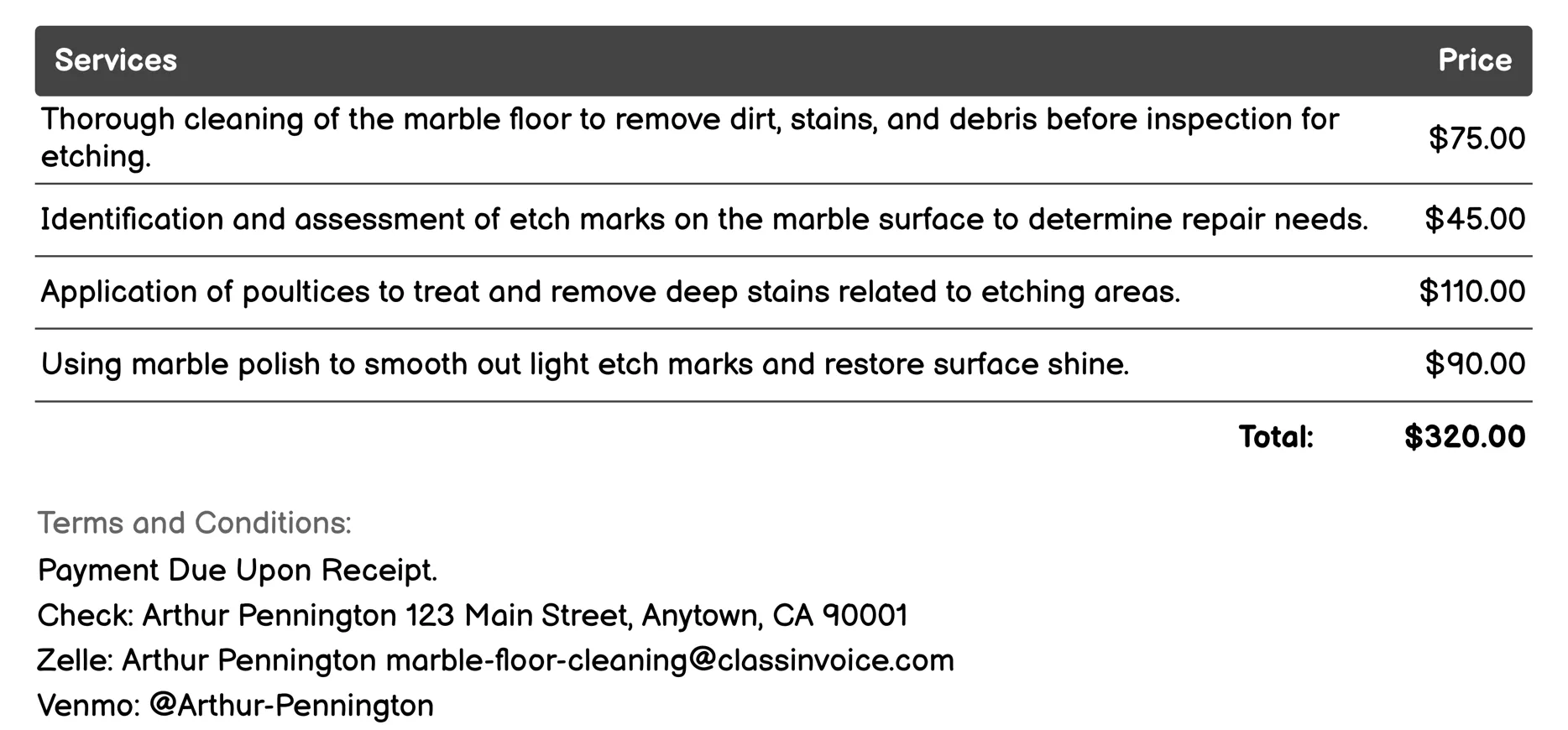 Etching Repair Invoice Example