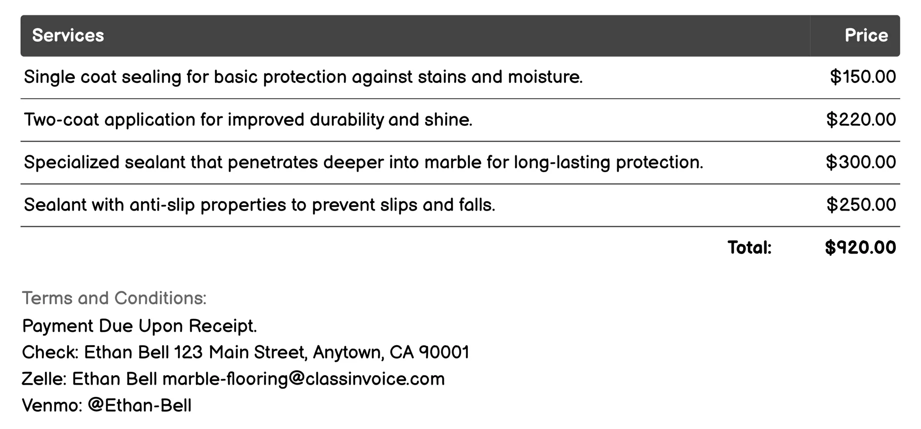 Sealing Invoice Example