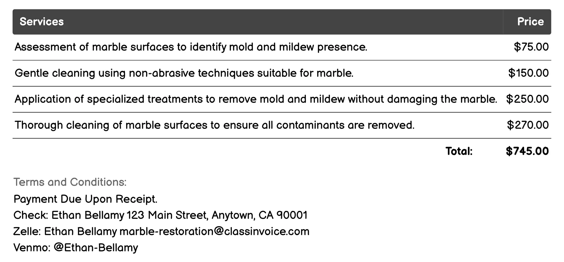 Mold and Mildew Treatment Invoice Example