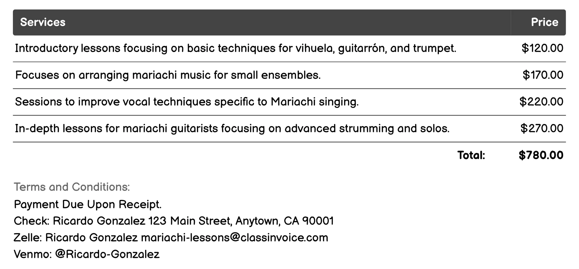 Mariachi Arrangement Classes Invoice Example