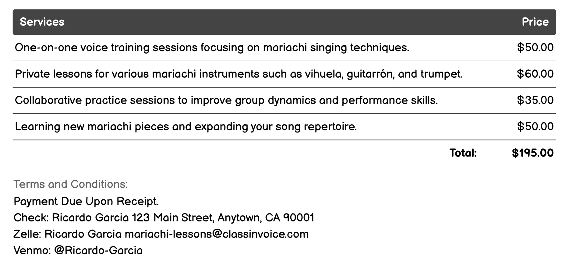 Mariachi Ensemble Workshops Invoice Example