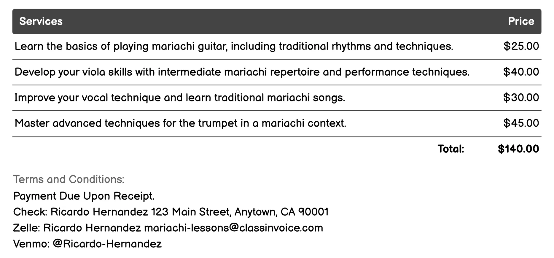 Online Mariachi Lessons Invoice Example
