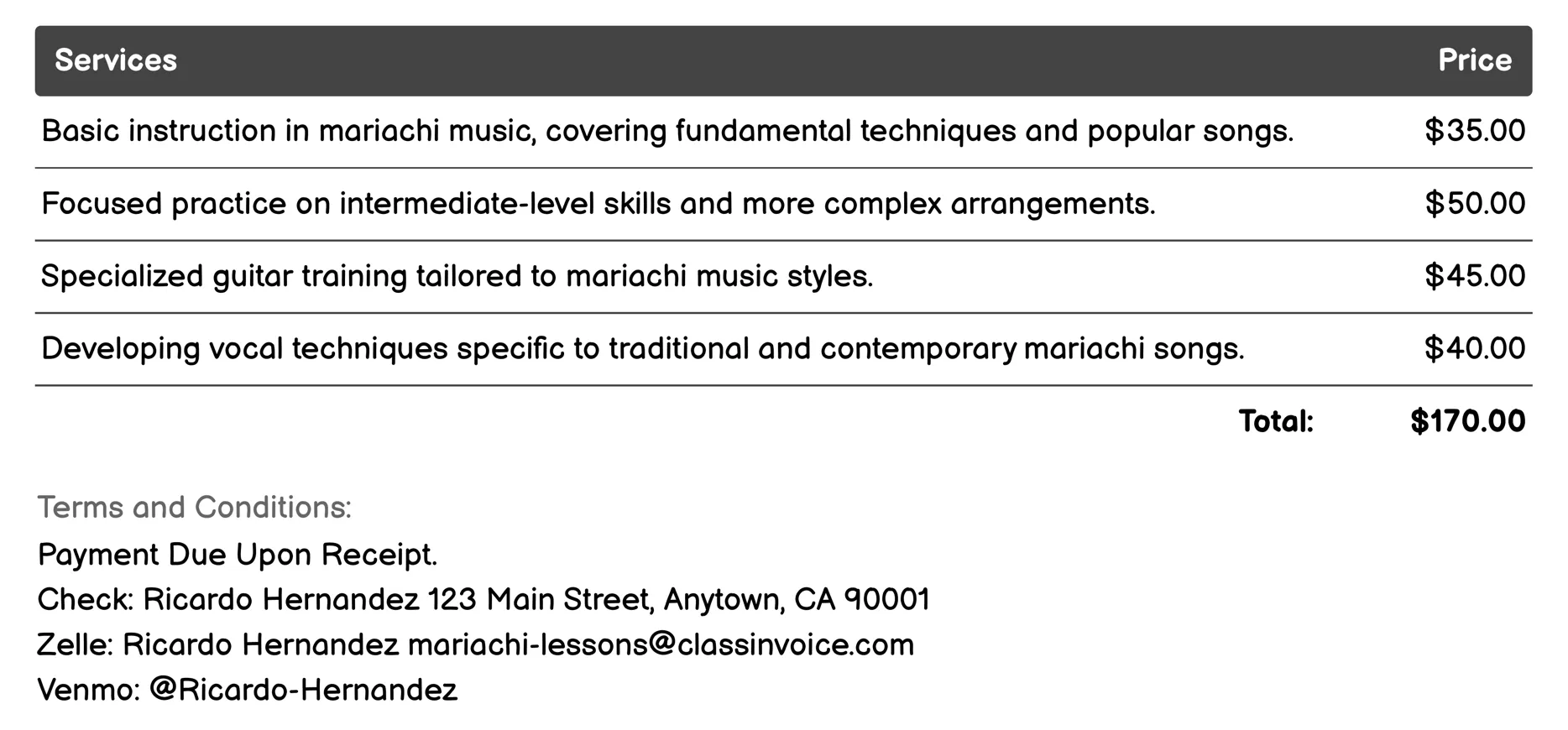 Private Mariachi Lessons Invoice Example