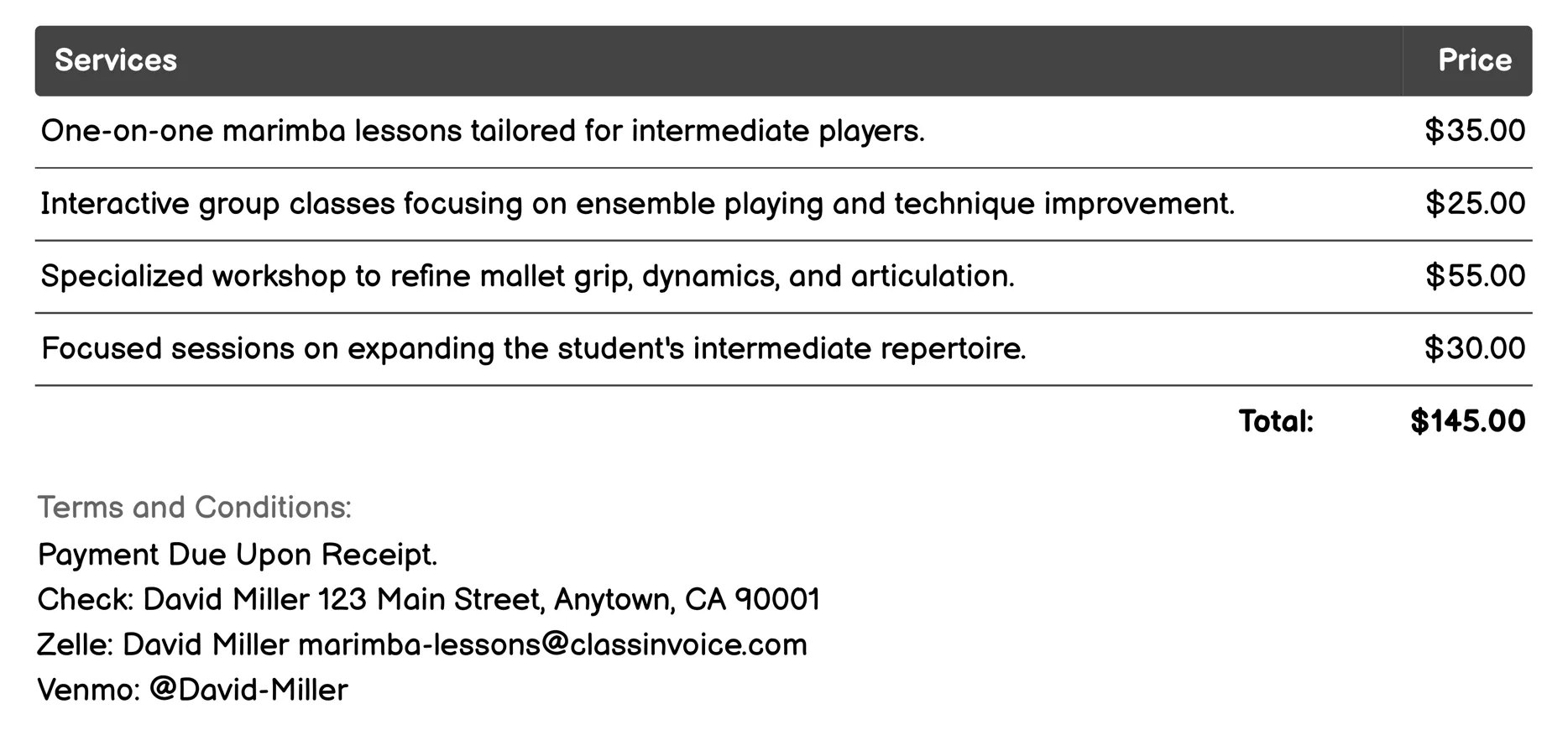 Intermediate Marimba Lessons Invoice Example