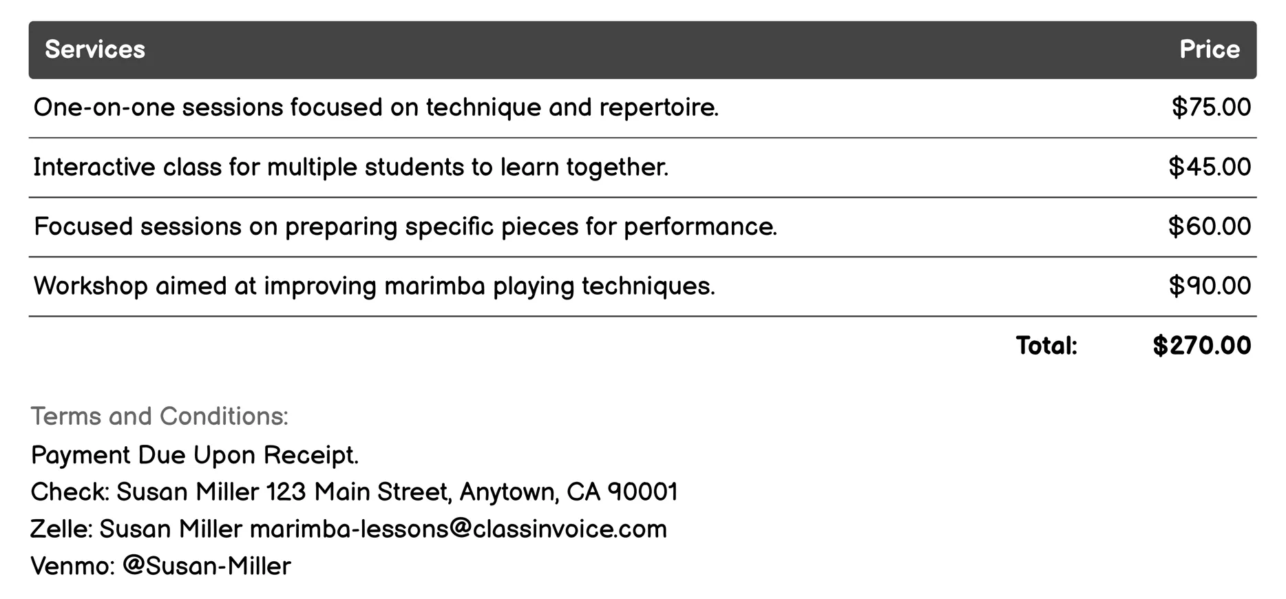 Performance Preparation Sessions Invoice Example