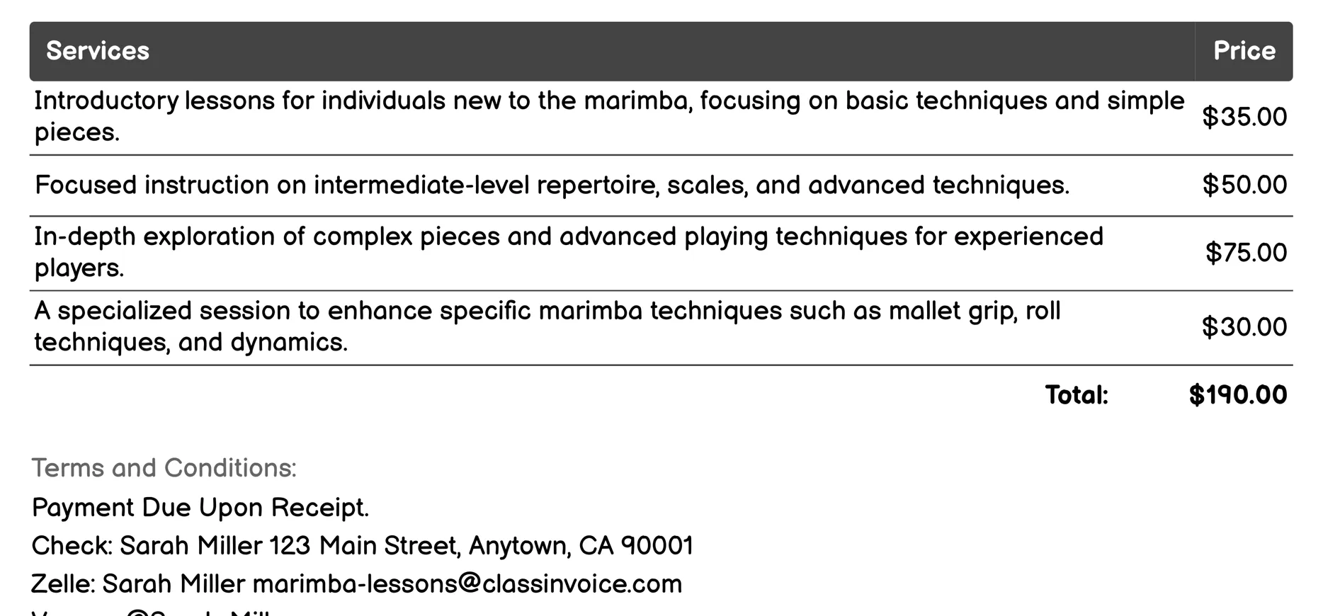 Private Marimba Lessons Invoice Example