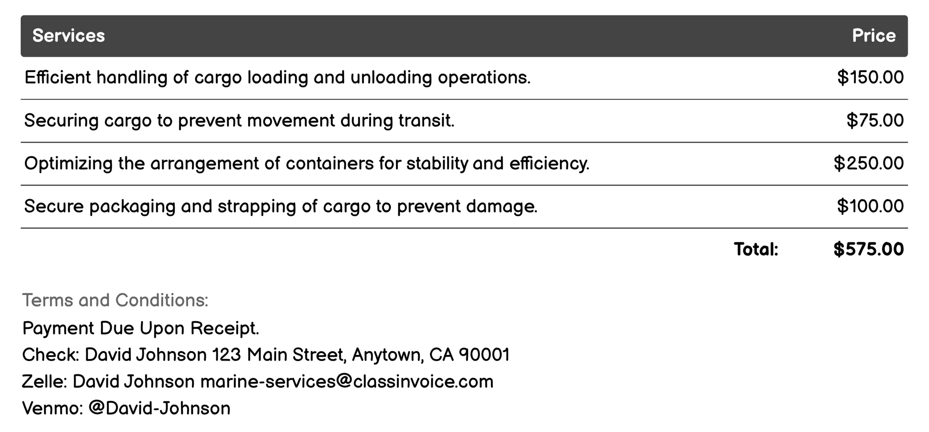 Cargo Handling Services Invoice Example