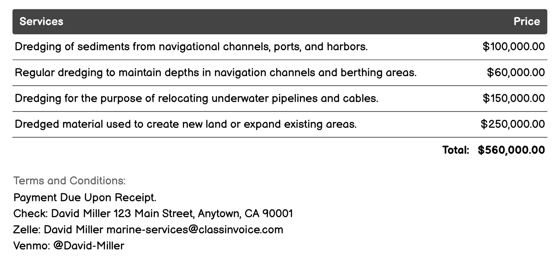 Marine Dredging Services Invoice Example