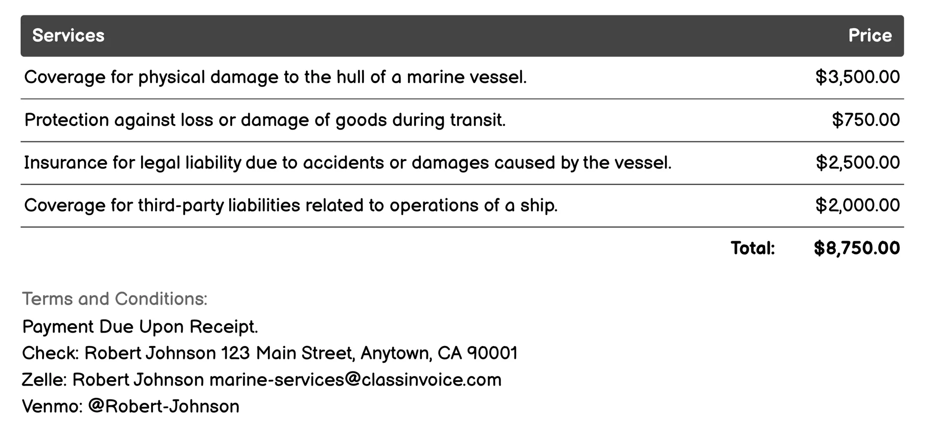 Marine Insurance Invoice Example