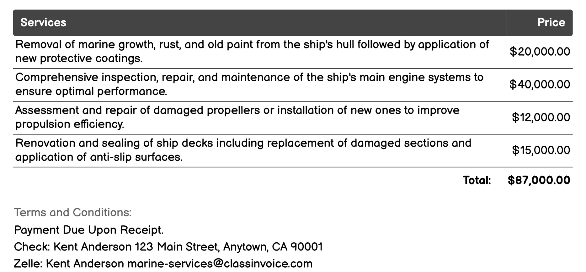 Ship Repair and Maintenance Invoice Example