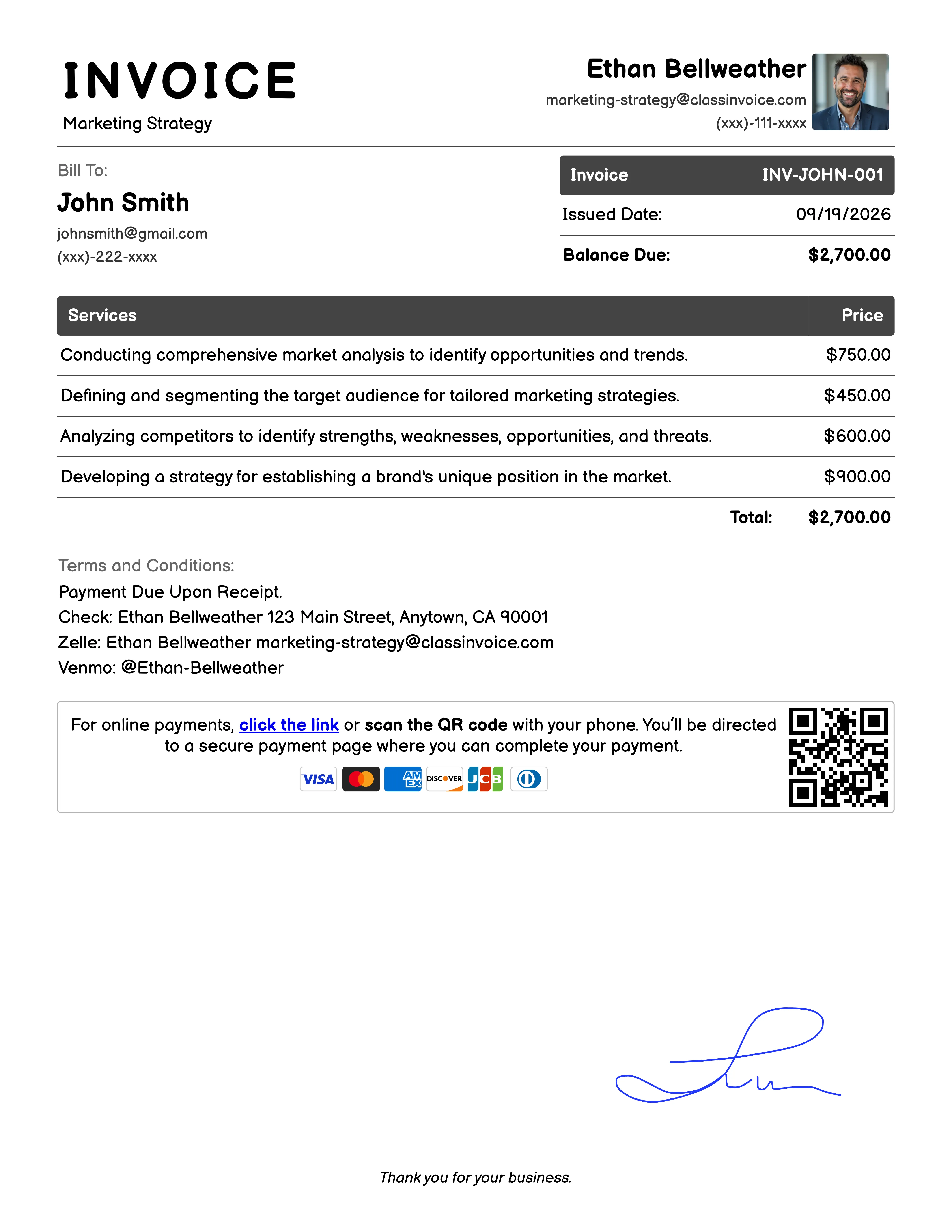 Marketing Strategy Invoice Example