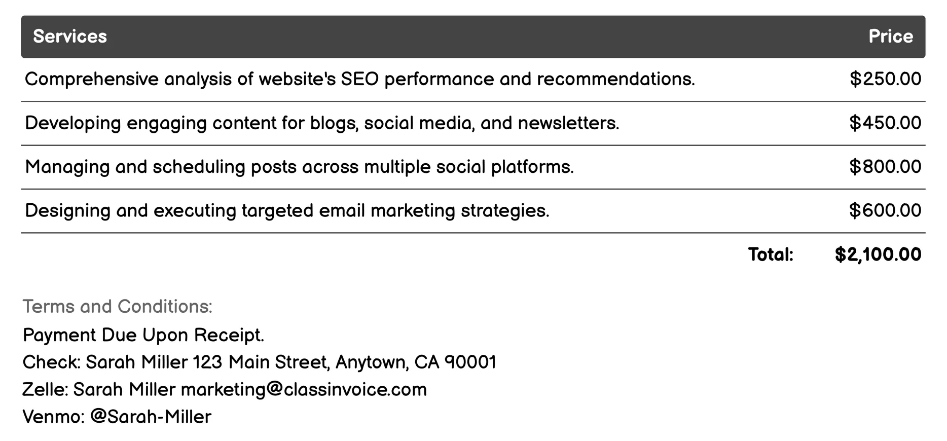 Digital Marketing Invoice Example