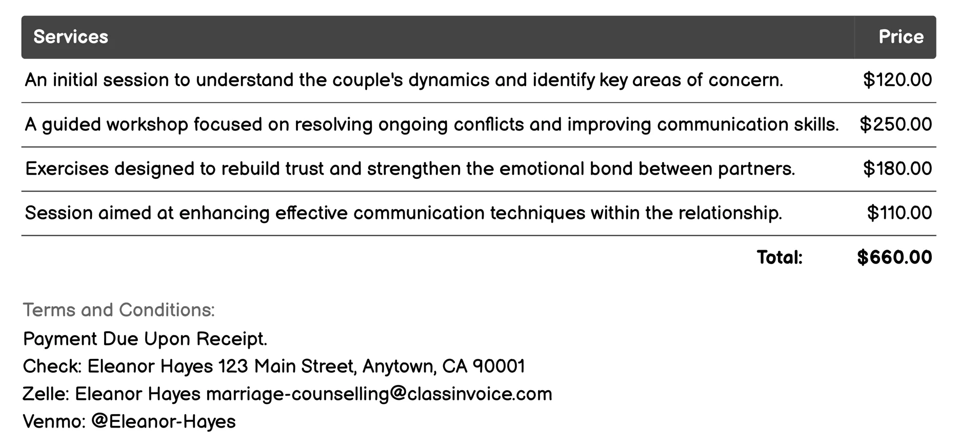 Emotional Support Sessions Invoice Example