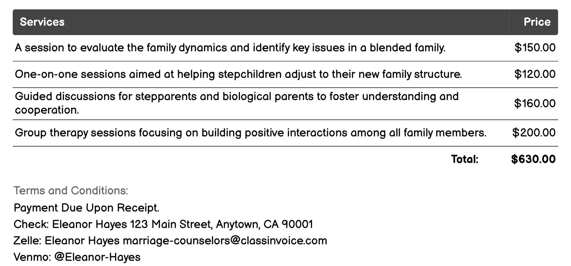 Blended Family Counseling Invoice Example