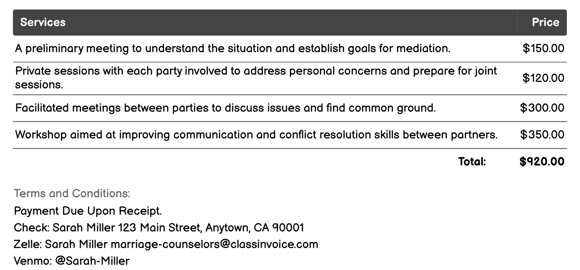 Divorce Mediation Support Invoice Example
