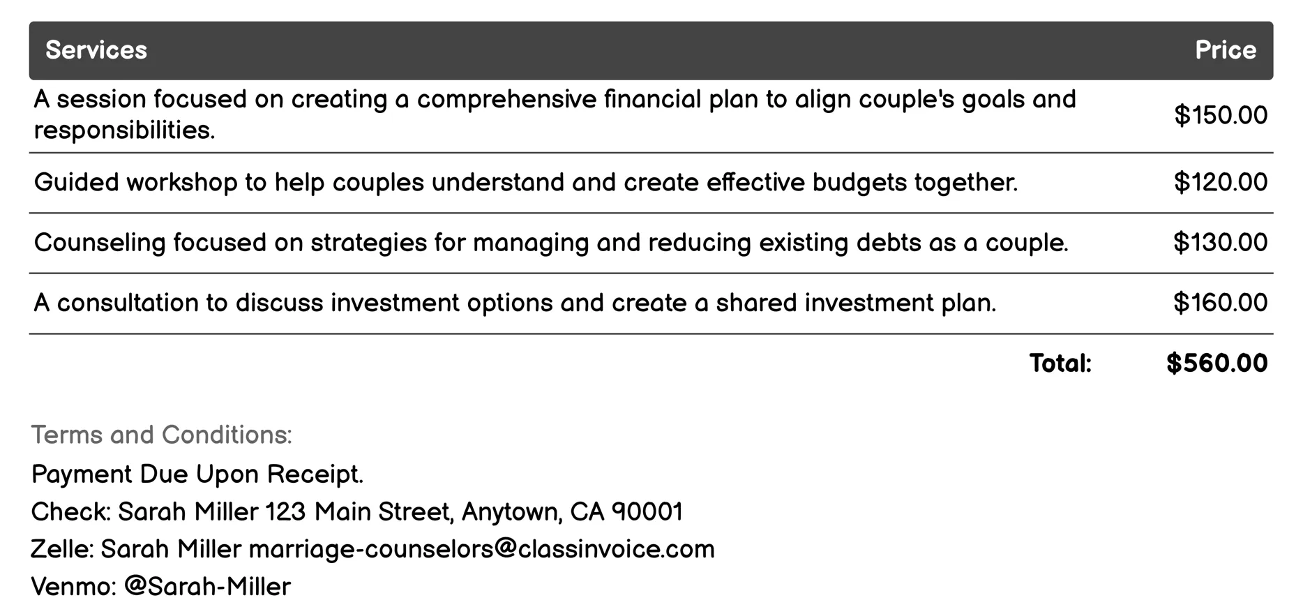 Financial Conflict Resolution Invoice Example