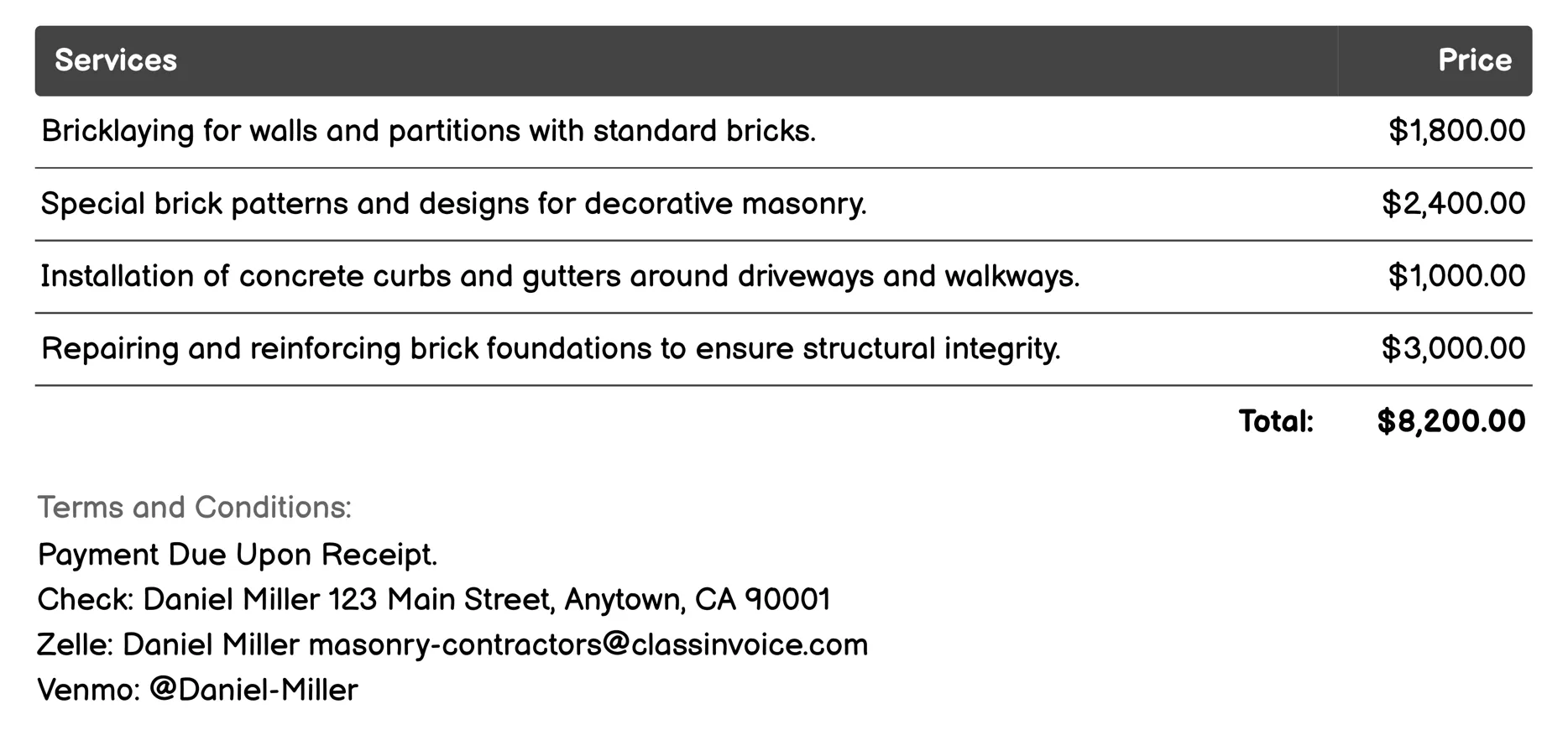Bricklaying Invoice Example