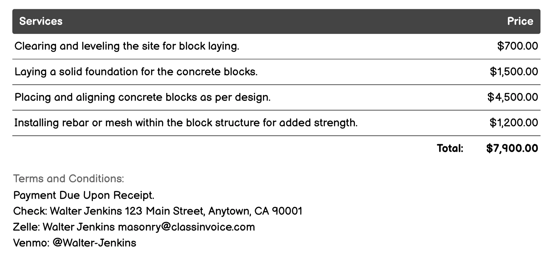 Concrete Block Work Invoice Example