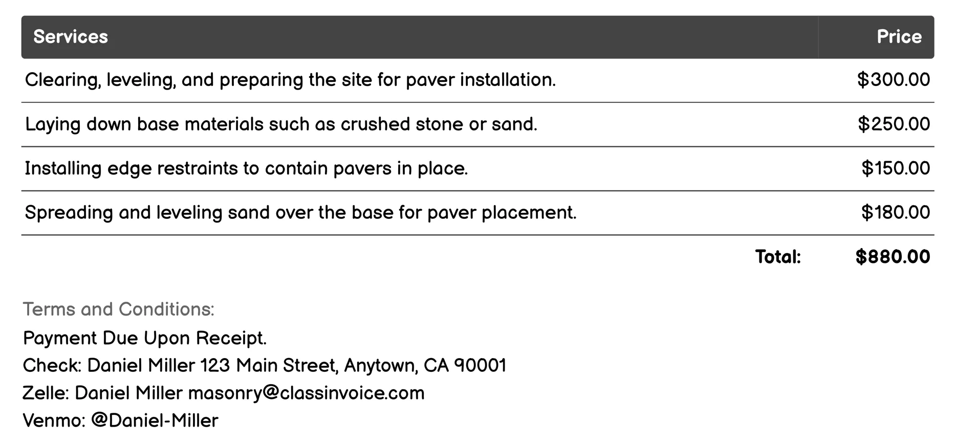 Paver Installation Invoice Example