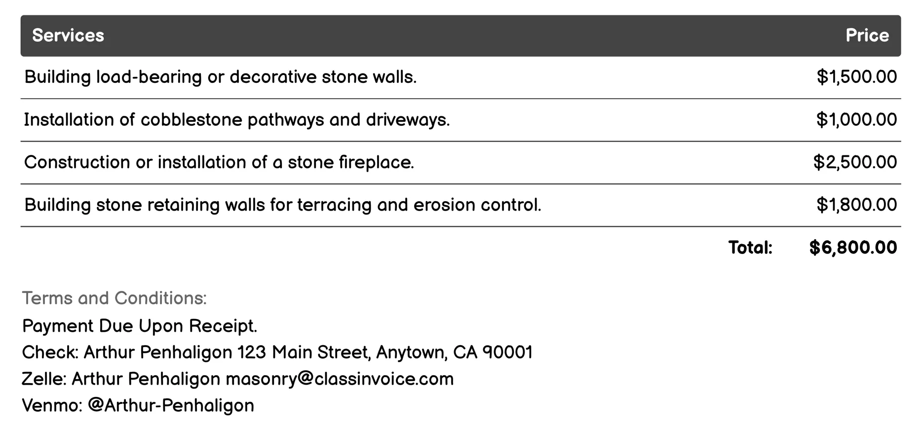Stone Masonry Invoice Example