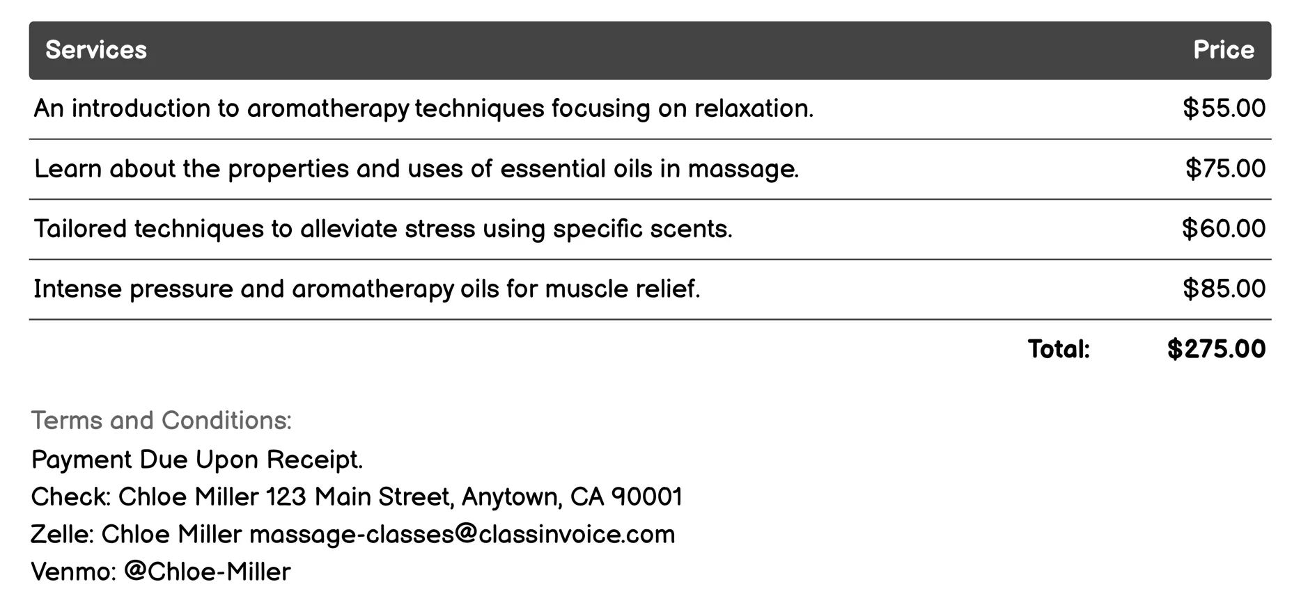 Aromatherapy Massage Invoice Example