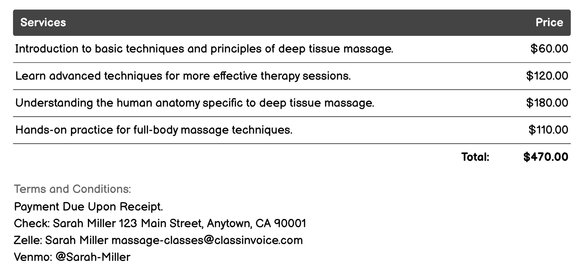 Deep Tissue Massage Invoice Example