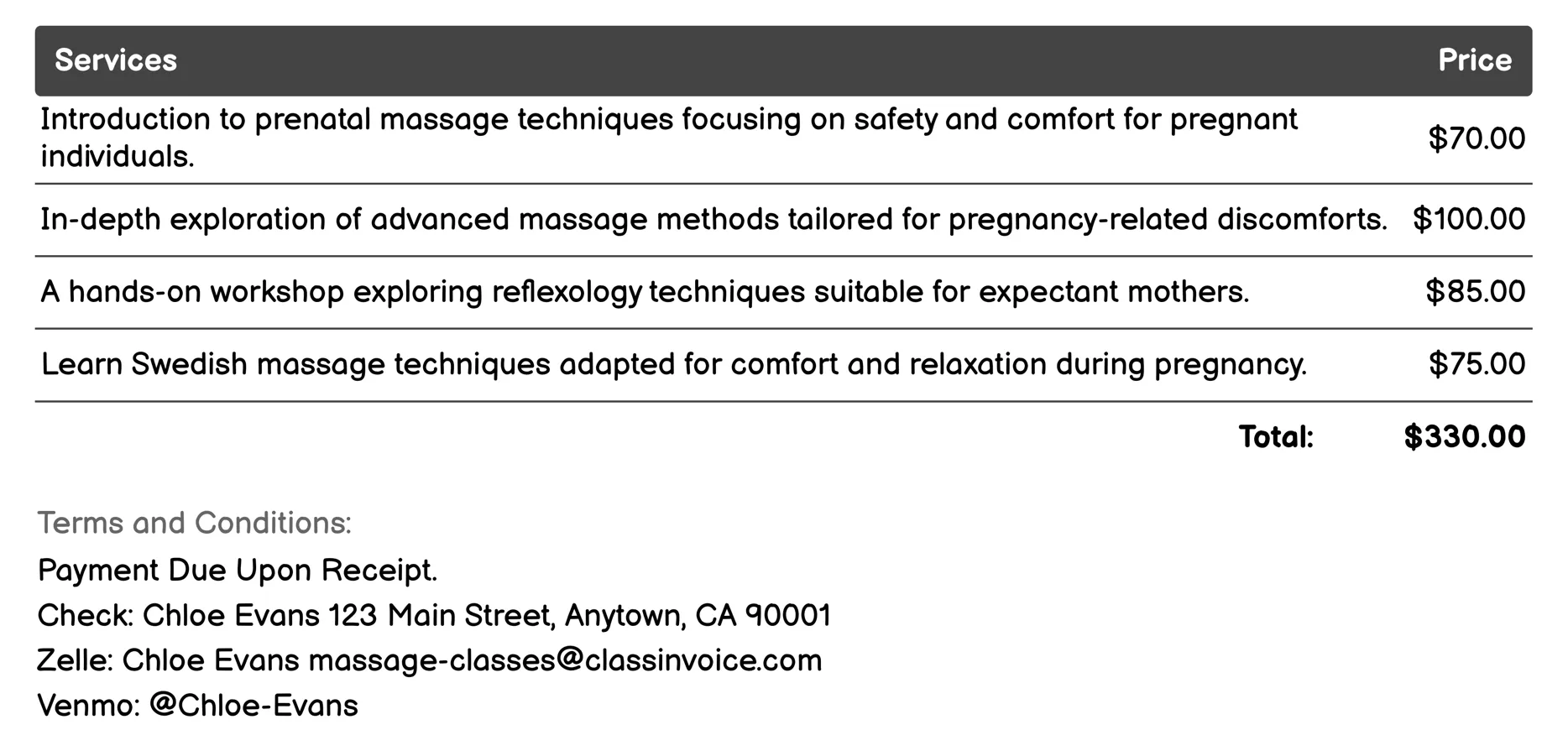 Prenatal Massage Invoice Example