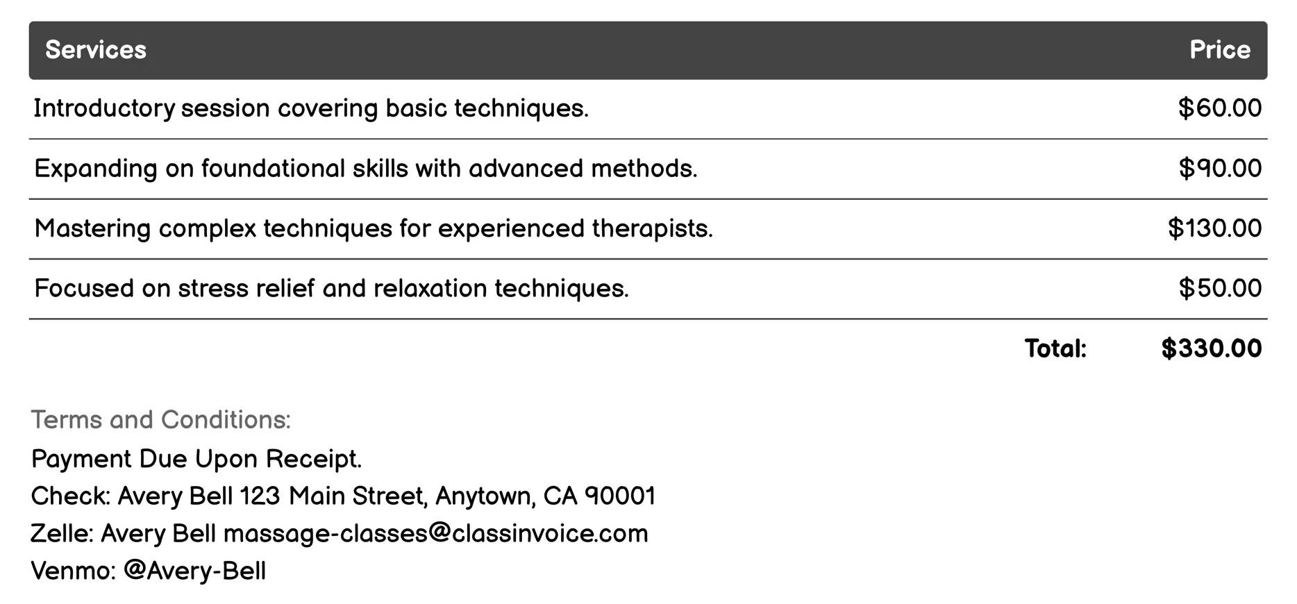 Swedish Massage Invoice Example