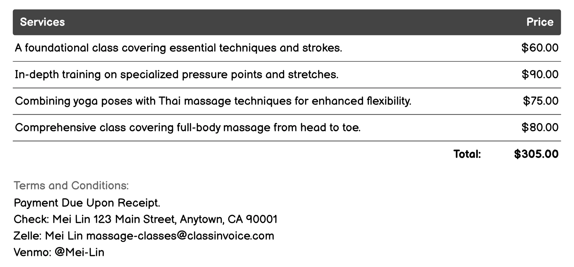 Thai Massage Invoice Example