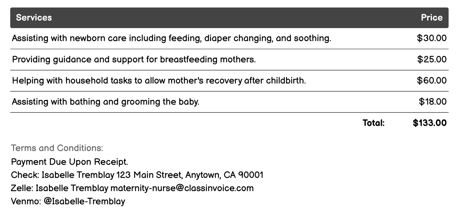 Household Management Aid Invoice Example