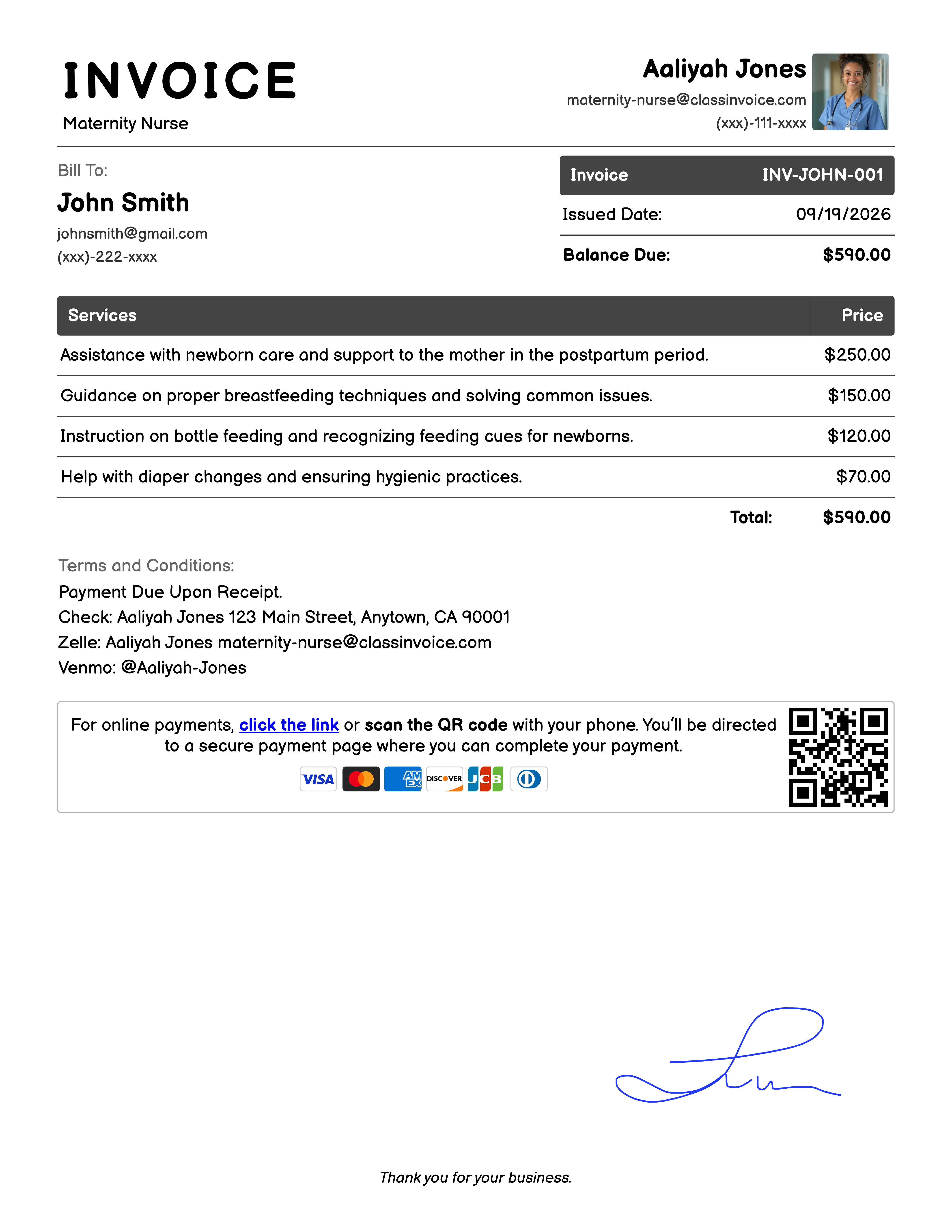 Maternity Nurse Invoice Example