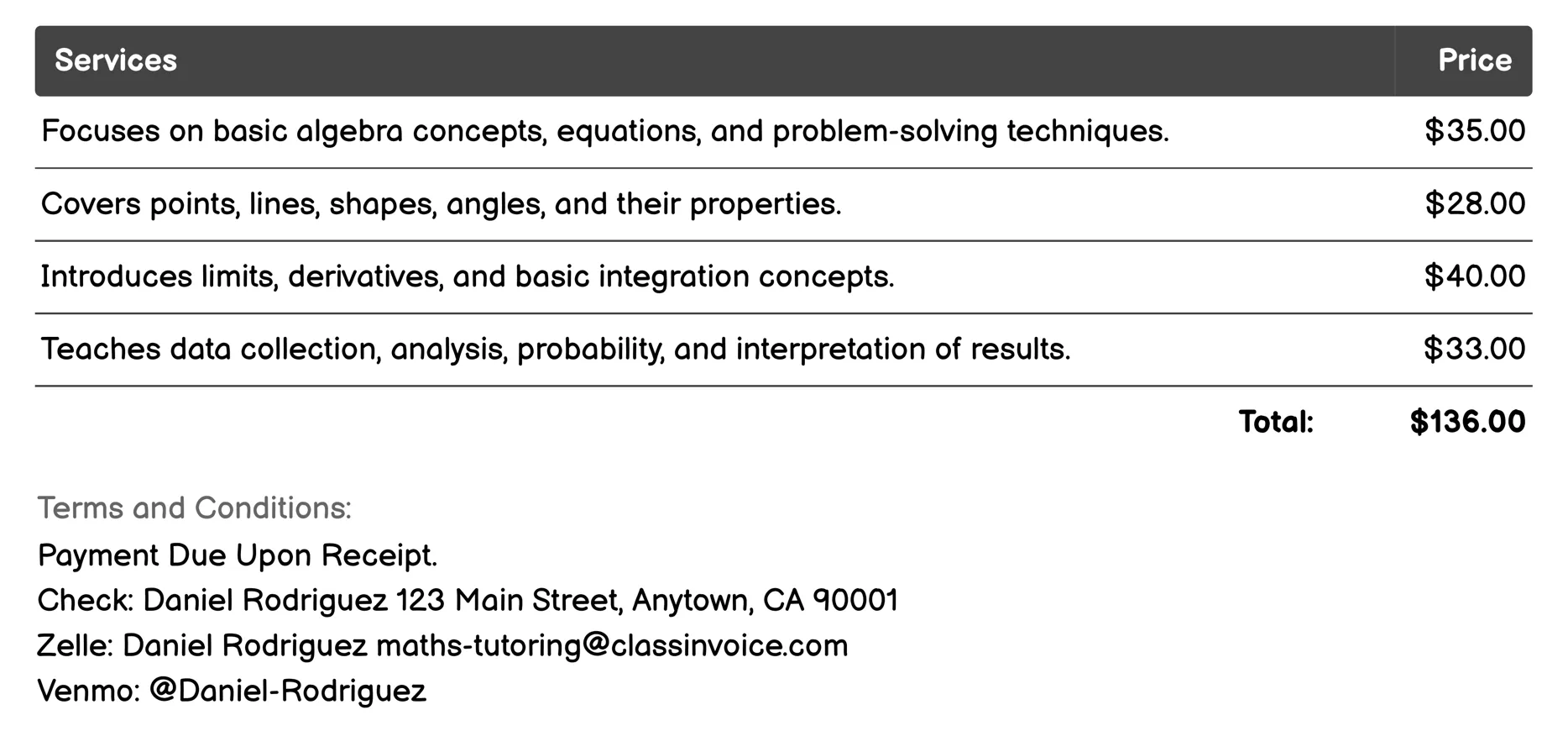 Group Classes Invoice Example