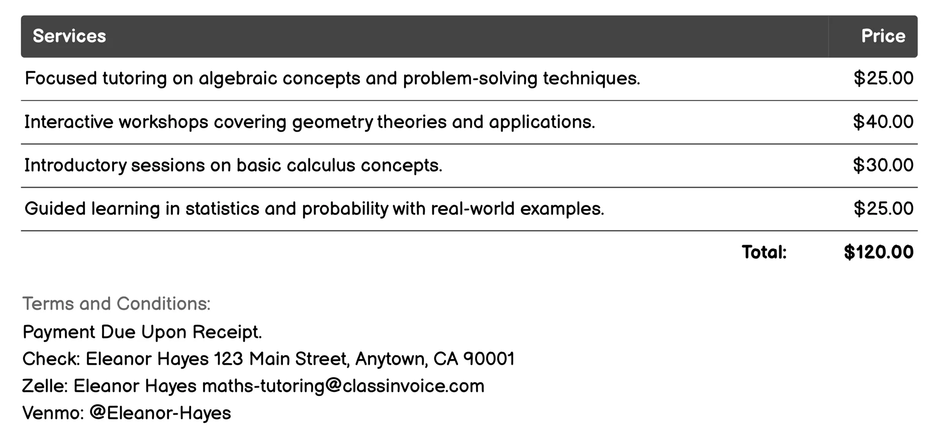 Math Camps Invoice Example