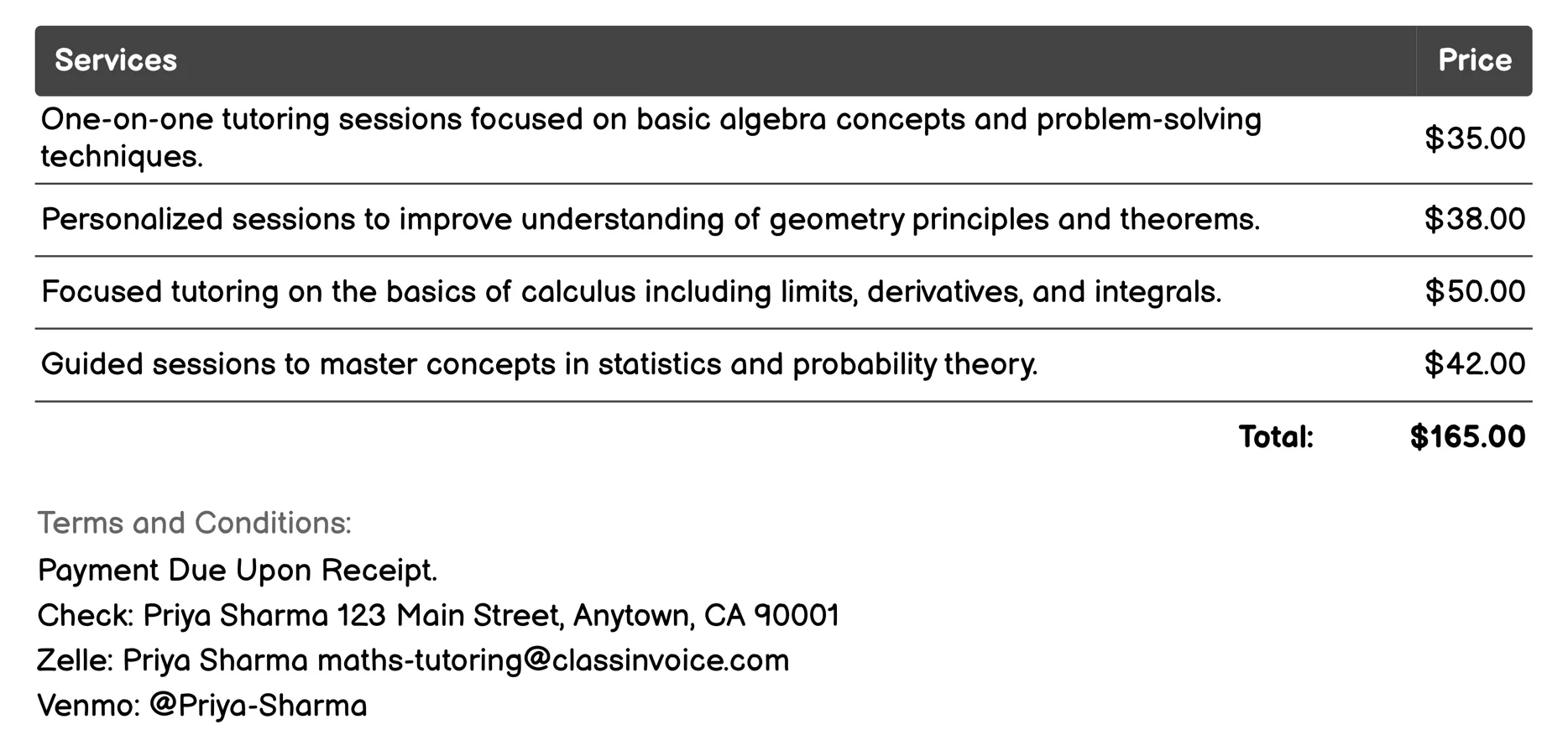 One-on-One Tutoring Invoice Example