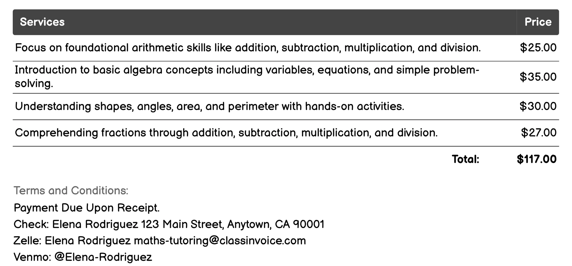 Remedial Tutoring Invoice Example