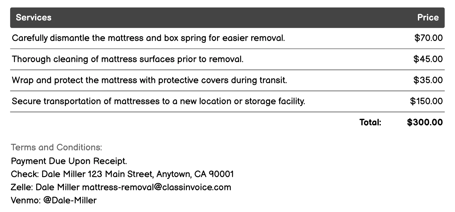 King and California King Removal Invoice Example