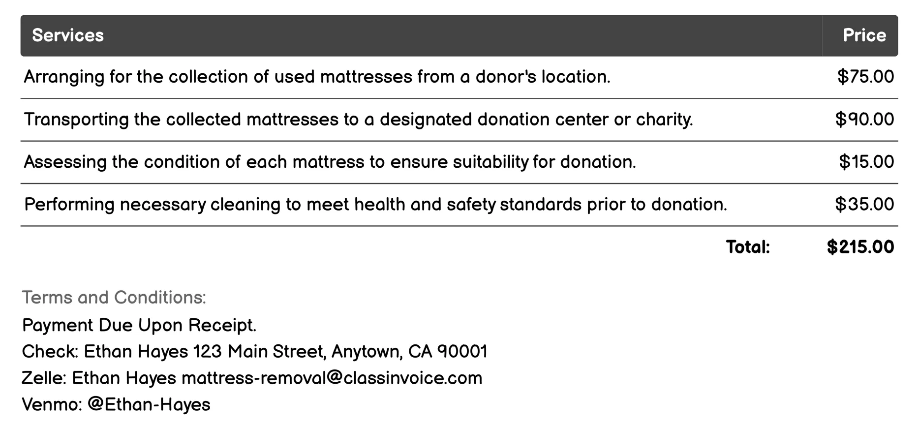 Mattress Donation Coordination Invoice Example