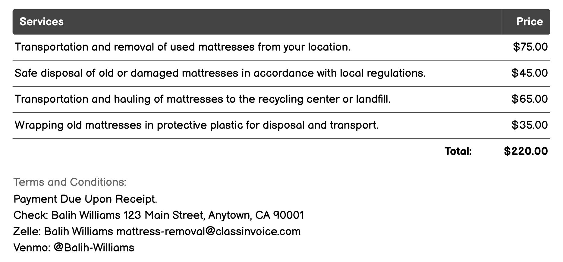 Mattress Hauling with Disposal Invoice Example