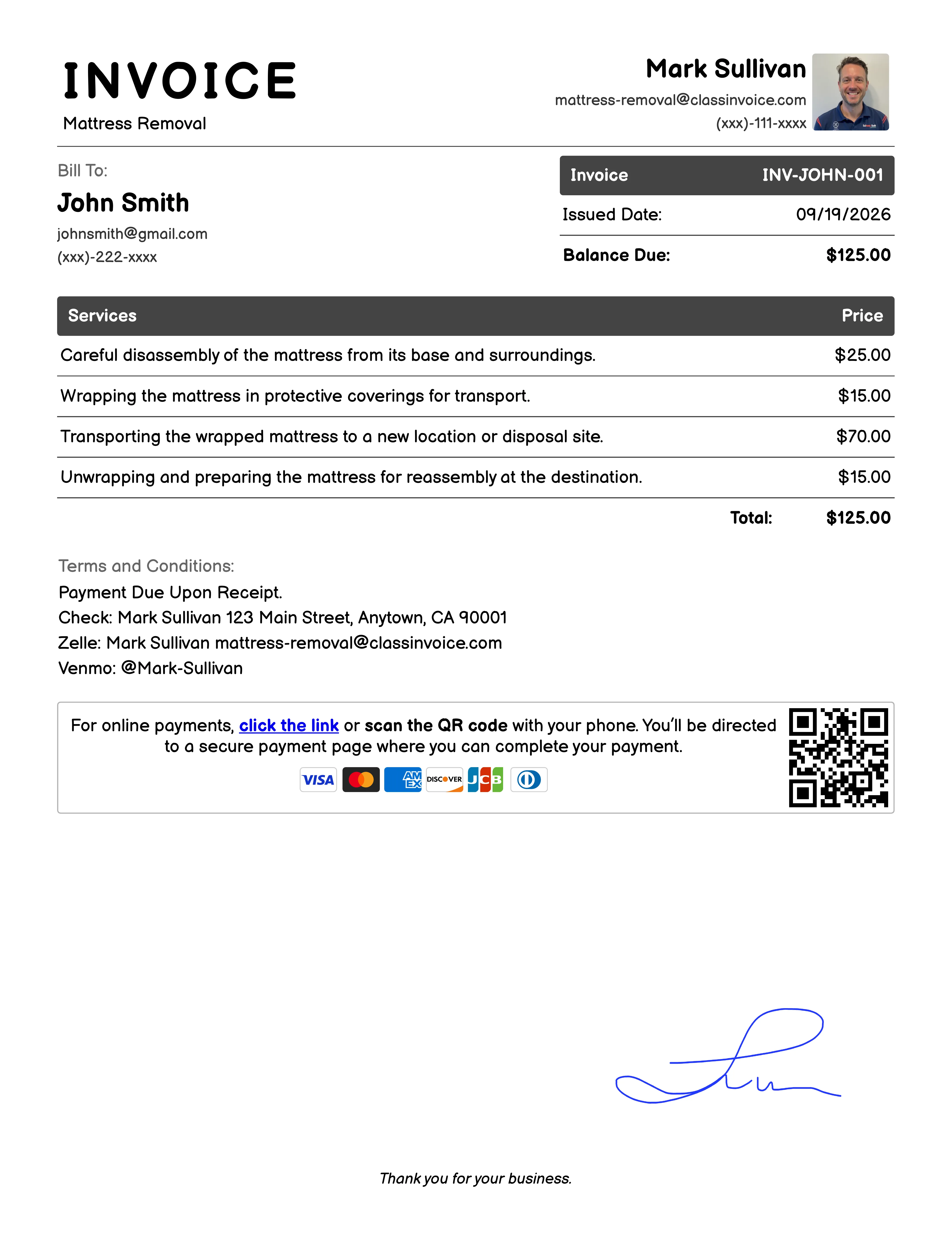 Mattress Removal Invoice Example
