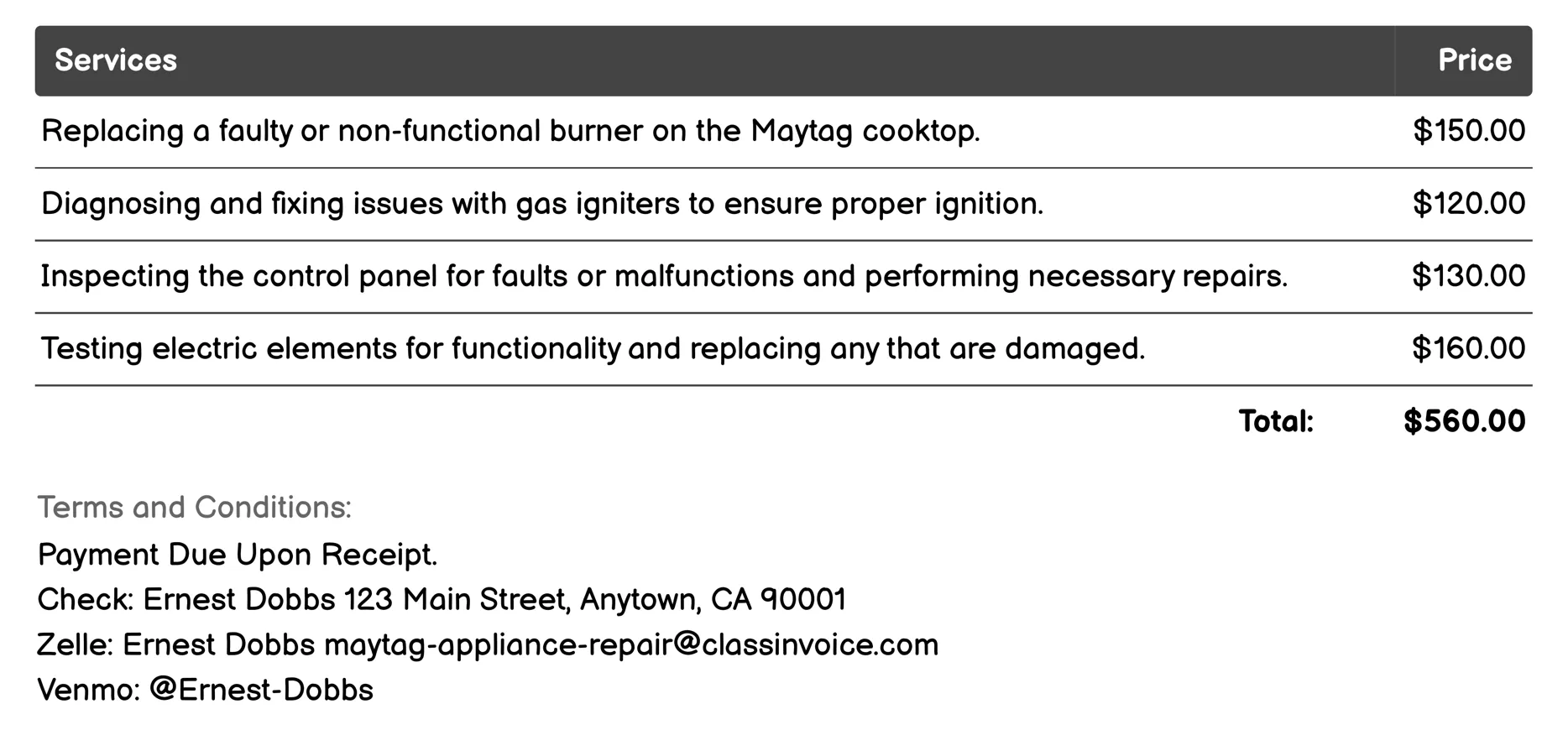 Cooktop Repair Invoice Example