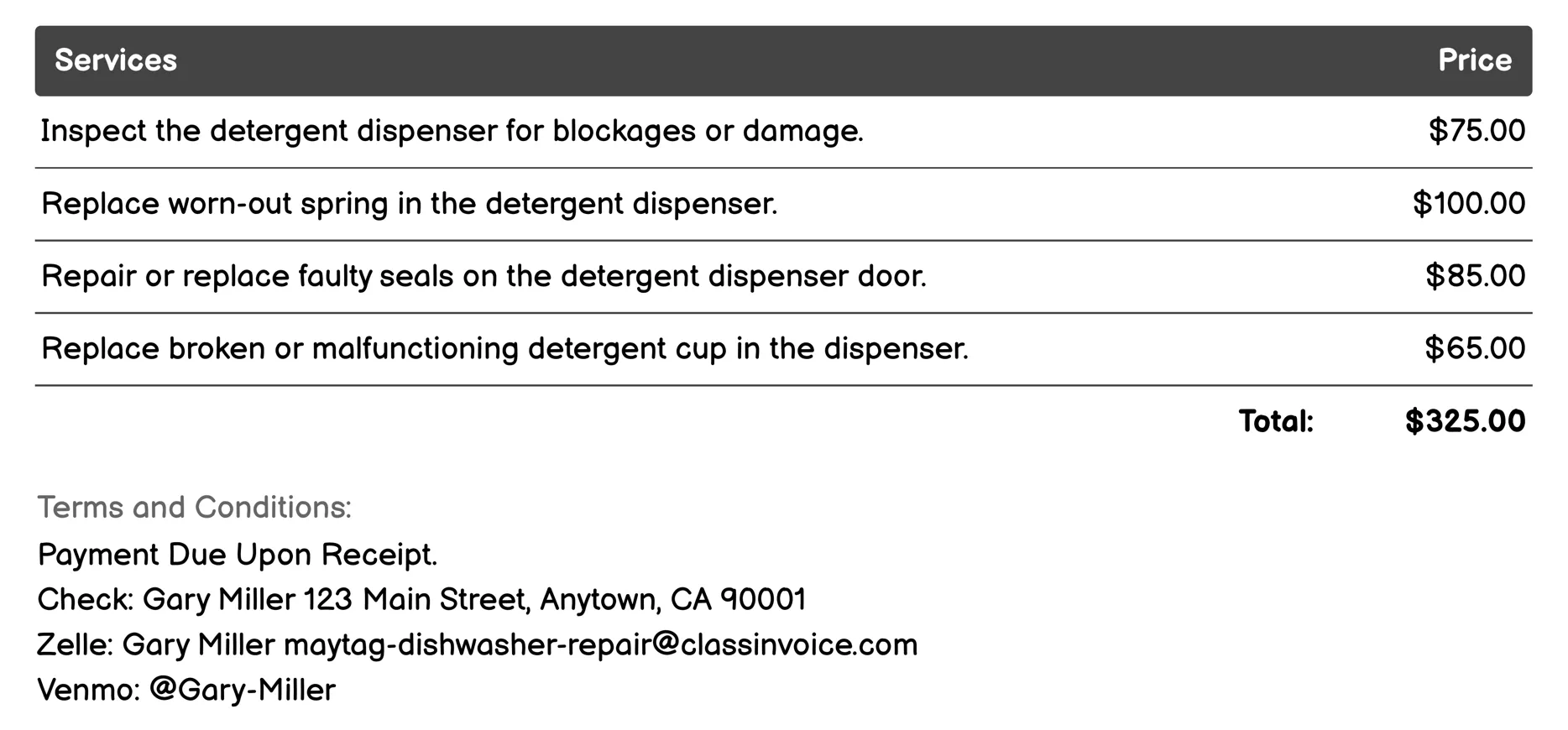 Detergent Dispenser Repair Invoice Example