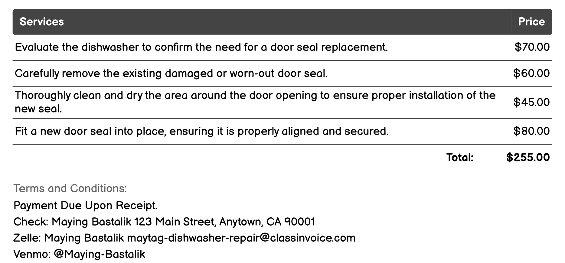 Door Seal Replacement Invoice Example