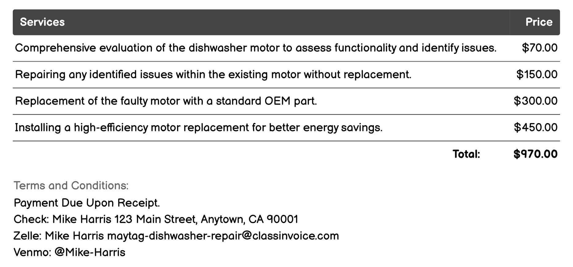Motor Repair/Replacement Invoice Example